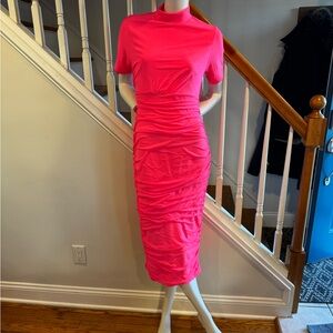 OYS Ruched short sleeve body con midi dress hot pink Never worn size large